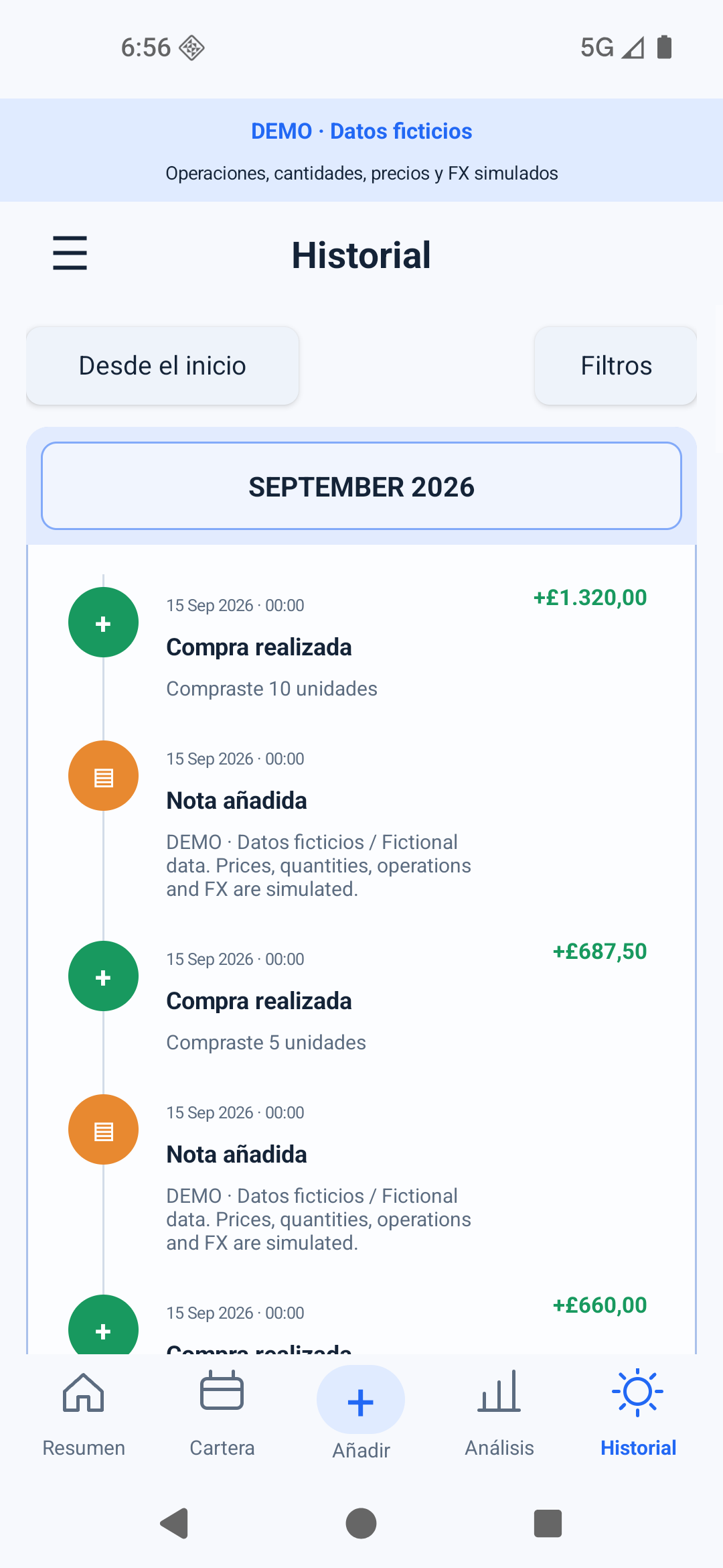 Historial de MiCartera · datos ficticios DEMO