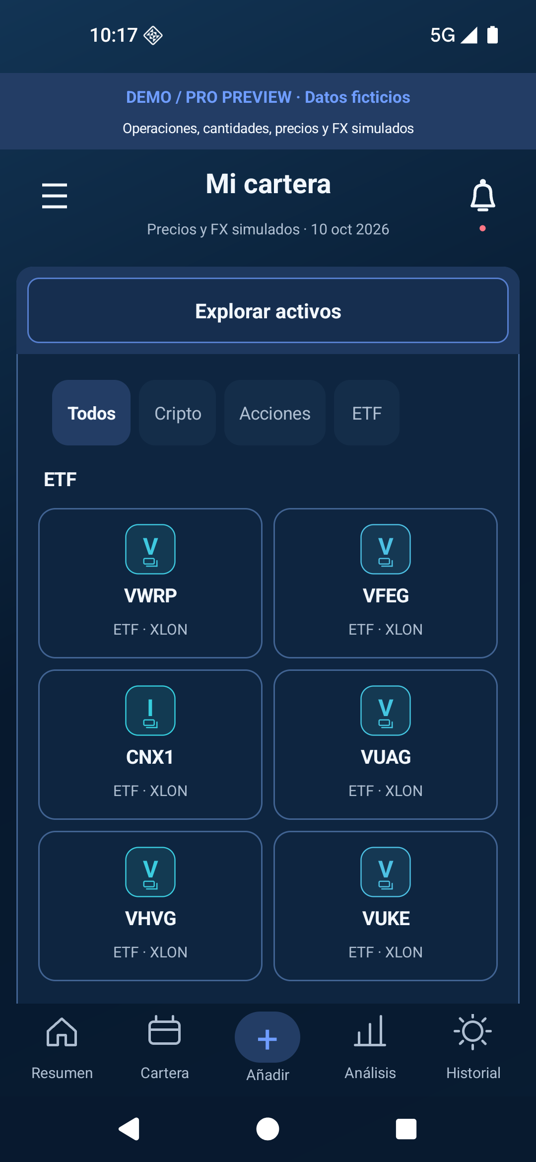 Mercado Pro: catálogo ETF de demostración, sin precios ni históricos en directo